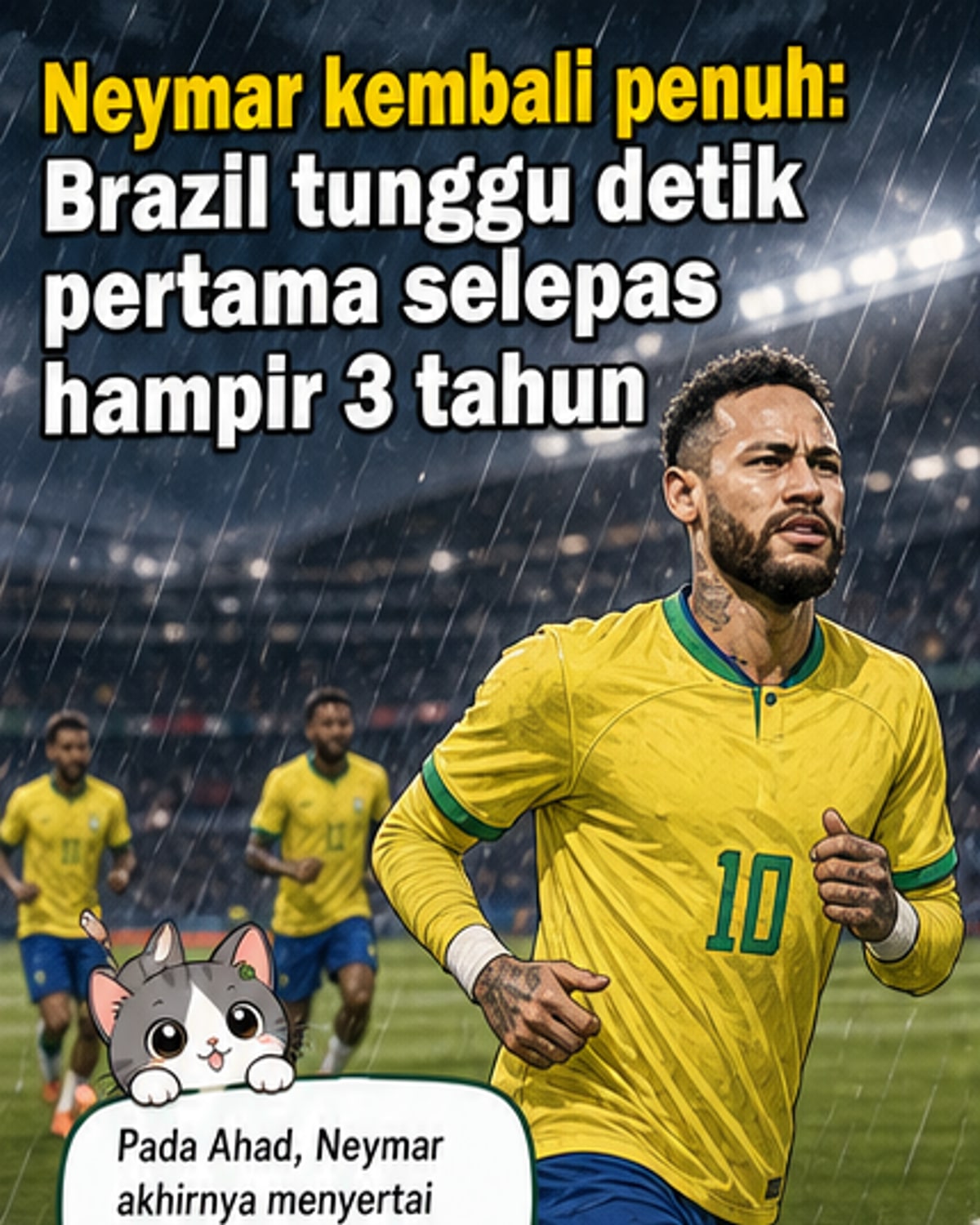 Neymar memakai jersi Brazil berlatih di padang dengan rakan sepasukan, menandakan kembalinya selepas kecederaan panjang.