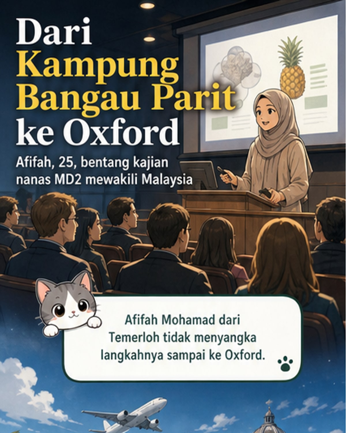 Pelajar wanita dalam baju batik membentangkan kertas kerja di hadapan skrin dengan tajuk kajian nanas MD2 di Universiti Oxford.