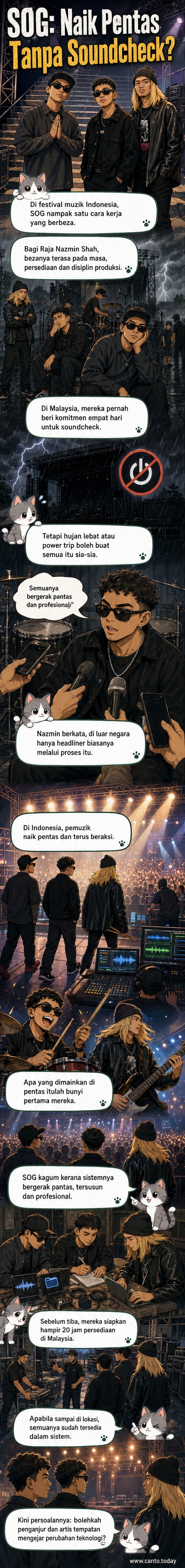 Ahli kumpulan SOG berdiri di atas pentas dengan latar belakang lampu konsert, mempamerkan suasana persembahan langsung di festival muzik Indonesia.