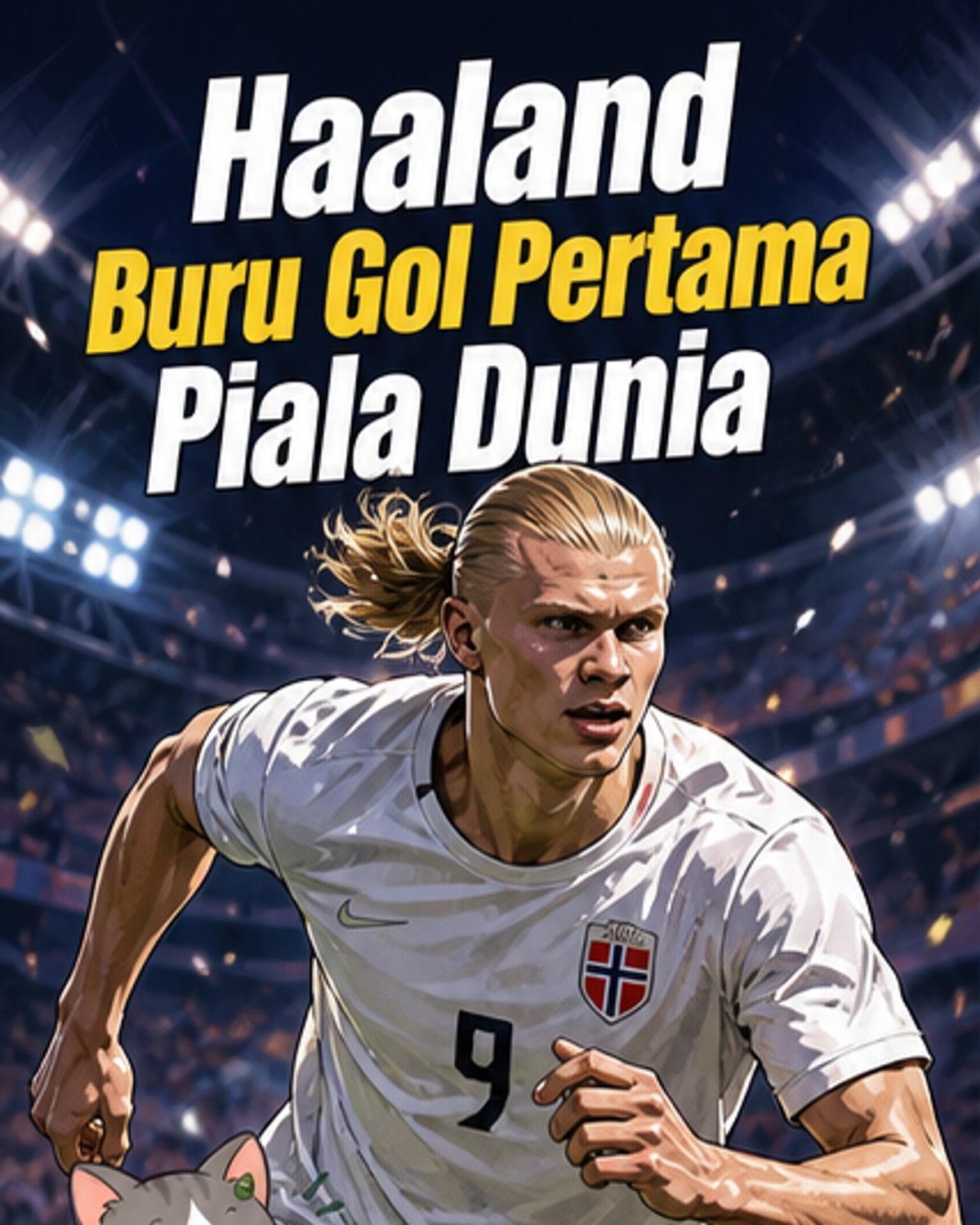 Penyerang Norway Erling Haaland berdiri di tengah padang sebelum perlawanan pembuka Piala Dunia menentang Iraq, dengan bendera kedua-dua negara berkibar di latar belakang.
