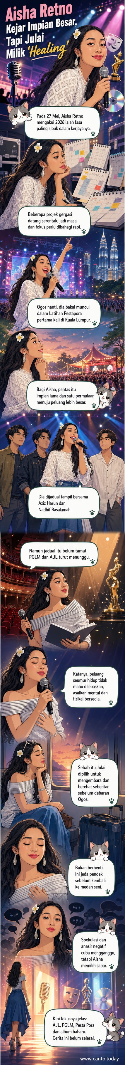 Aisha Retno tersenyum tenang di tengah hutan simbolik, dengan pentas muzik dan teater samar-samar di latar belakang, menunjukkan keseimbangan antara rehat dan persiapan untuk projek besar.