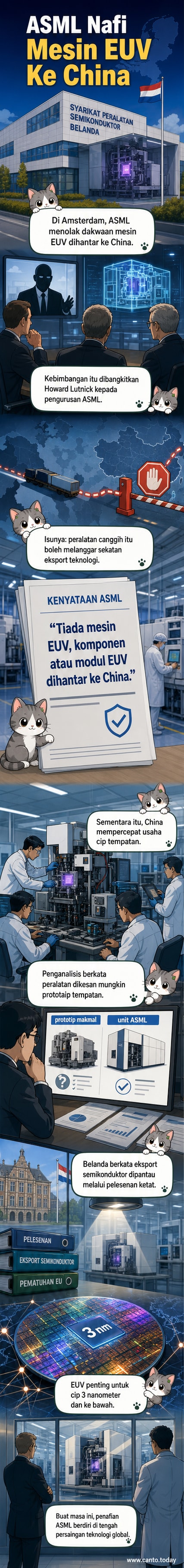 Ilustrasi mesin litografi EUV ASML dengan latar belakang peta dunia dan simbol larangan eksport ke China.