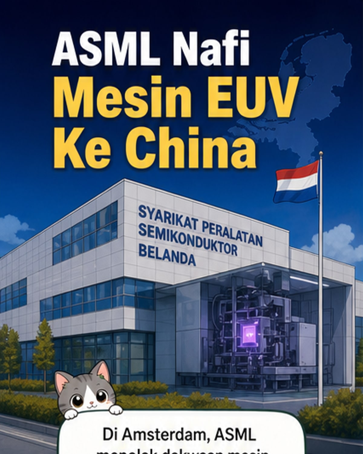 Ilustrasi mesin litografi EUV ASML dengan latar belakang peta dunia dan simbol larangan eksport ke China.