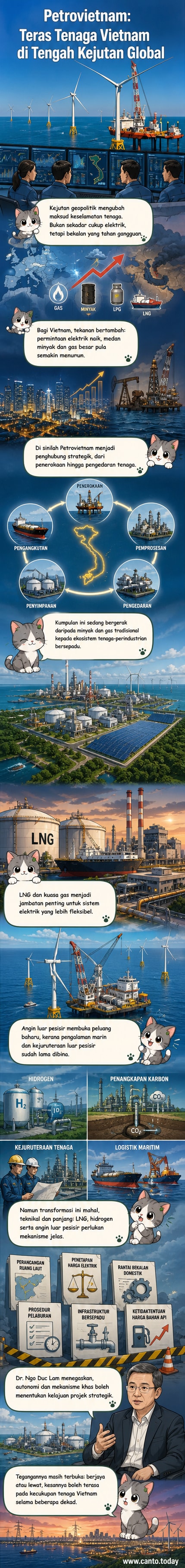 Ilustrasi syarikat Petrovietnam mengendalikan pelbagai projek tenaga — dari menara penapisan minyak ke turbin angin luar pesisir dan terminal LNG — menunjukkan transformasi dari syarikat minyak ke pemain utama tenaga baharu Vietnam.