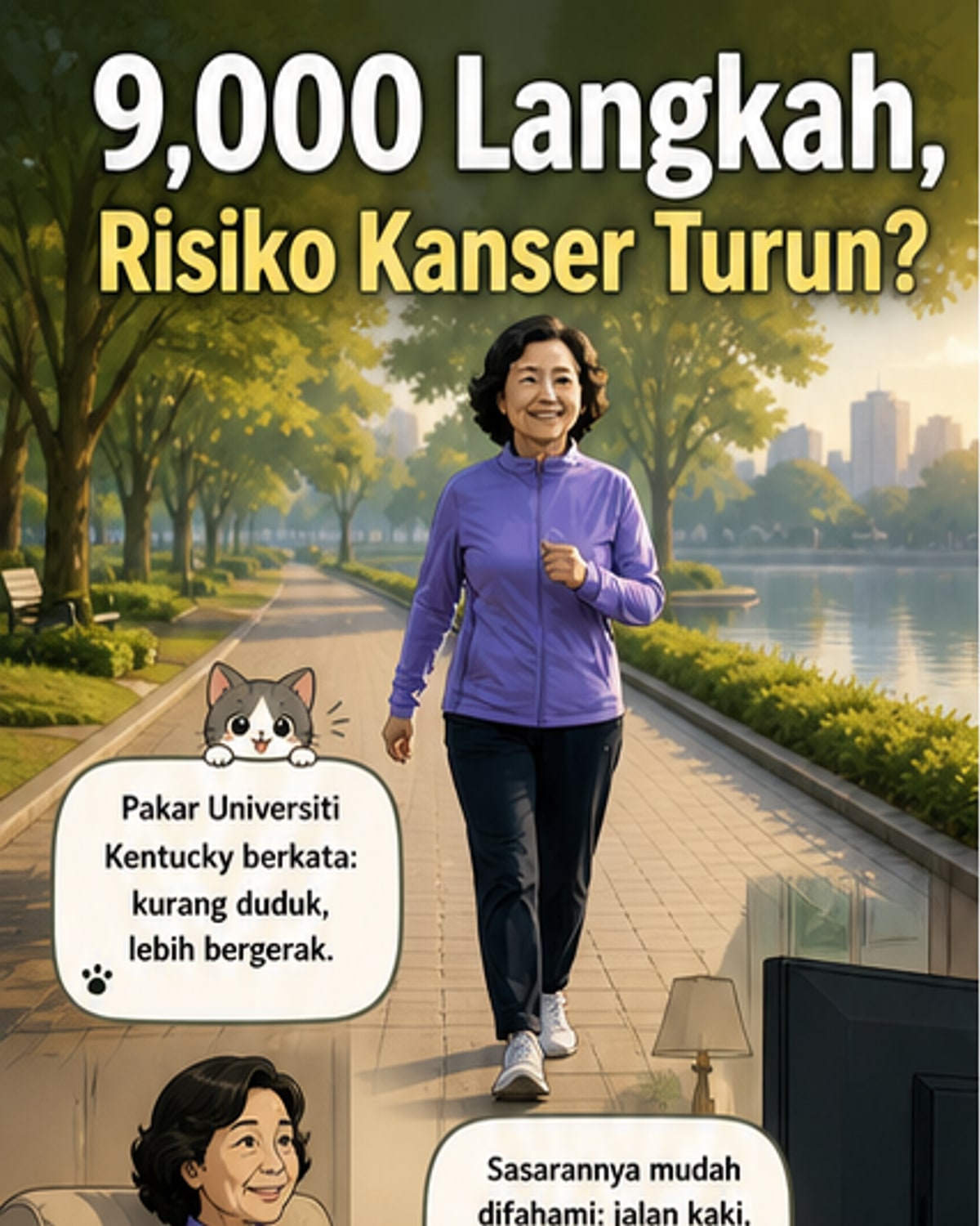 Ilustrasi webtoon menunjukkan seseorang berjalan di taman sambil memakai pengira langkah, dengan ikon kanser dan angka risiko berkurang di sekelilingnya.