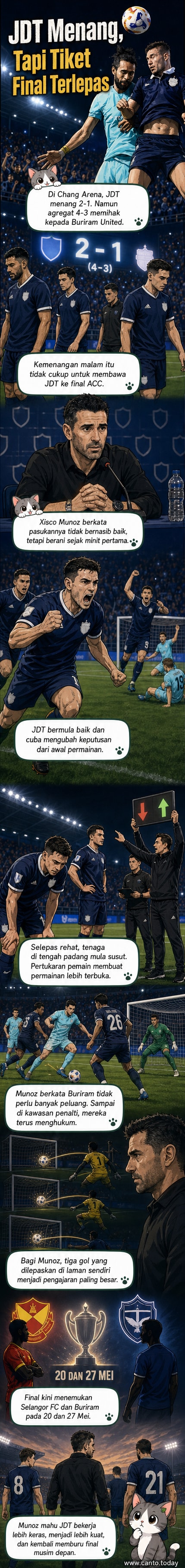 Pelatih JDT, Xisco Munoz, memberi ulasan selepas perlawanan di tengah padang dengan latar belakang penyokong Buriram United yang bersorak.