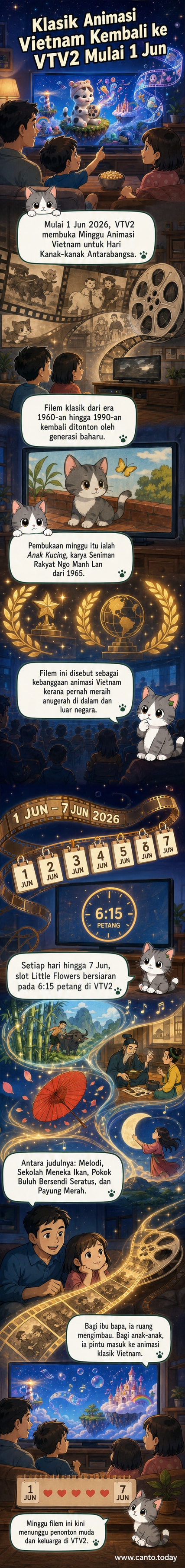 Poster koleksi filem animasi Vietnam klasik dari tahun 1965 hingga 1998, disusun dalam bentuk kalender mingguan dengan warna-warni ceria dan ilustrasi karakter animasi tradisional.