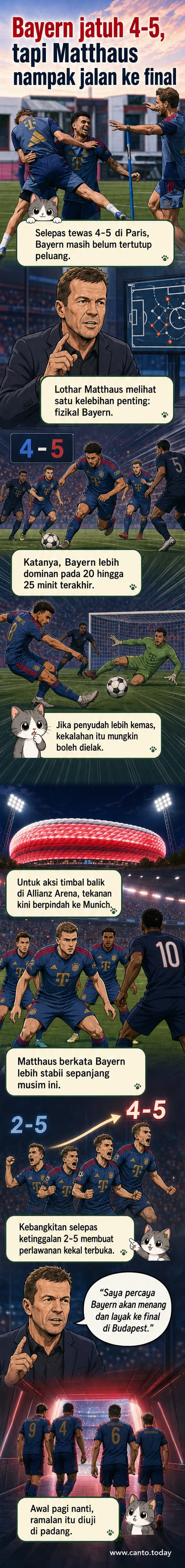 Ilustrasi dua pemain bola sepak dari Bayern Munich dan PSG sedang berentap di padang malam, dengan latar belakang stadium penuh penonton dan lampu sorot menyala.