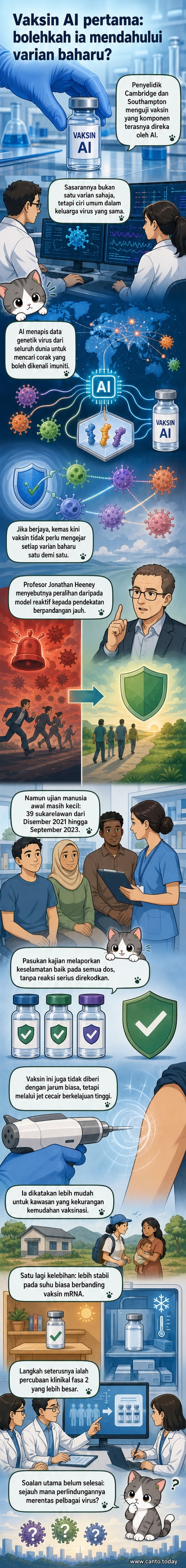 Ilustrasi vaksin AI yang diberikan melalui teknologi jet cecair tanpa jarum, dengan latar belakang data genetik virus dan sistem imun manusia.