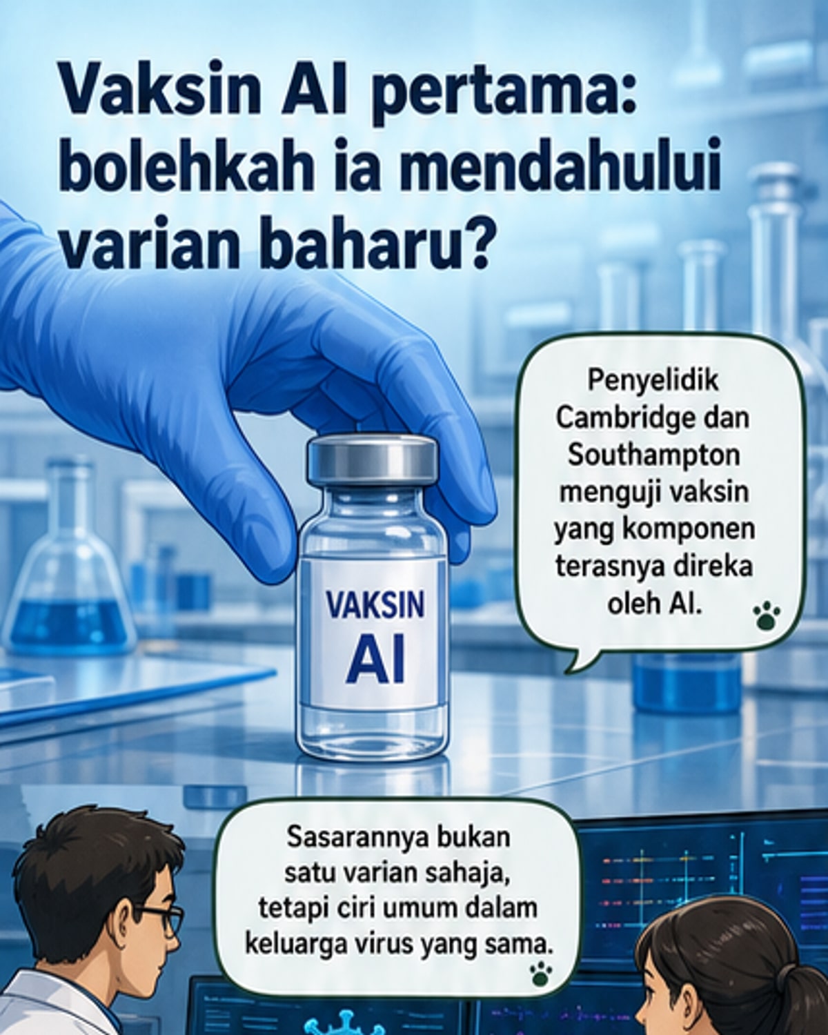Ilustrasi vaksin AI yang diberikan melalui teknologi jet cecair tanpa jarum, dengan latar belakang data genetik virus dan sistem imun manusia.
