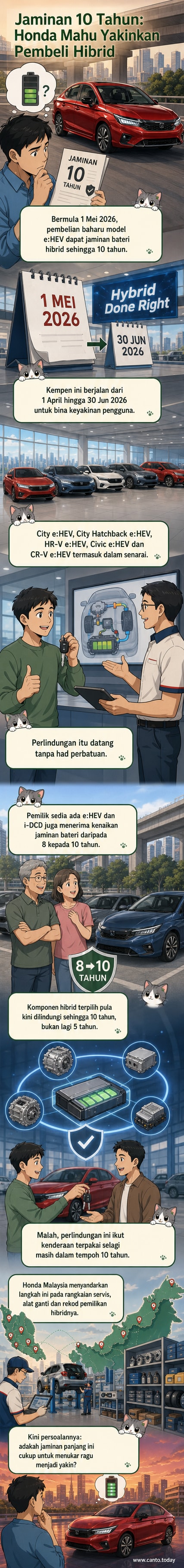 Ilustrasi bateri kenderaan hibrid dengan logo Honda dan tarikh '10 tahun jaminan tanpa had perbatuan'.