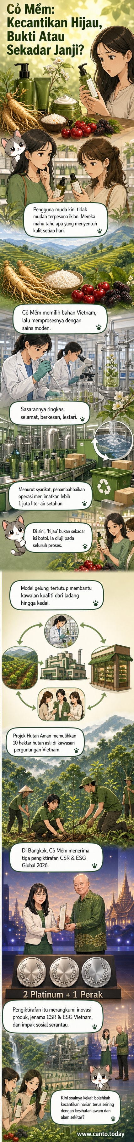 Seorang wanita muda menggunakan krim wajah dari botol kaca Co Mem di tengah hutan, dengan daun dan akar tanaman tempatan di latar belakang, menunjukkan kaitan antara kecantikan dan alam.