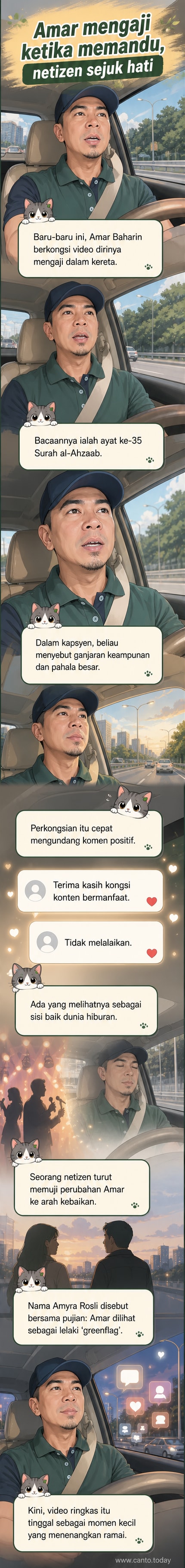 Ilustrasi pelakon Amar Baharin sedang memandu sambil membaca ayat al-Quran dari telefon, ekspresi wajah tenang, latar belakang jalan malam.