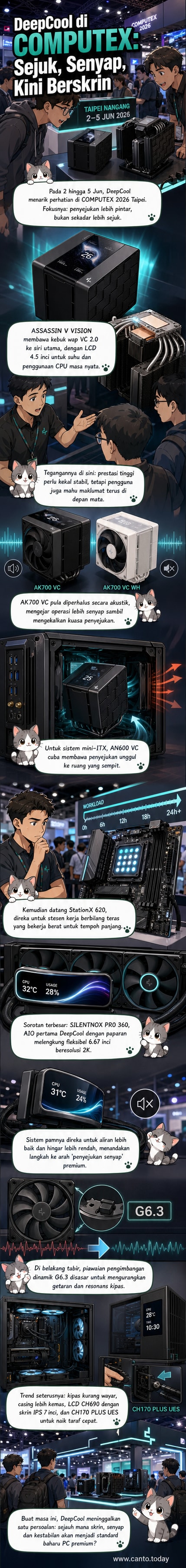 Gerai DeepCool di COMPUTEX 2026 mempamerkan penyejuk udara dan AIO dengan skrin melengkung serta casing berpaparan terbina dalam.