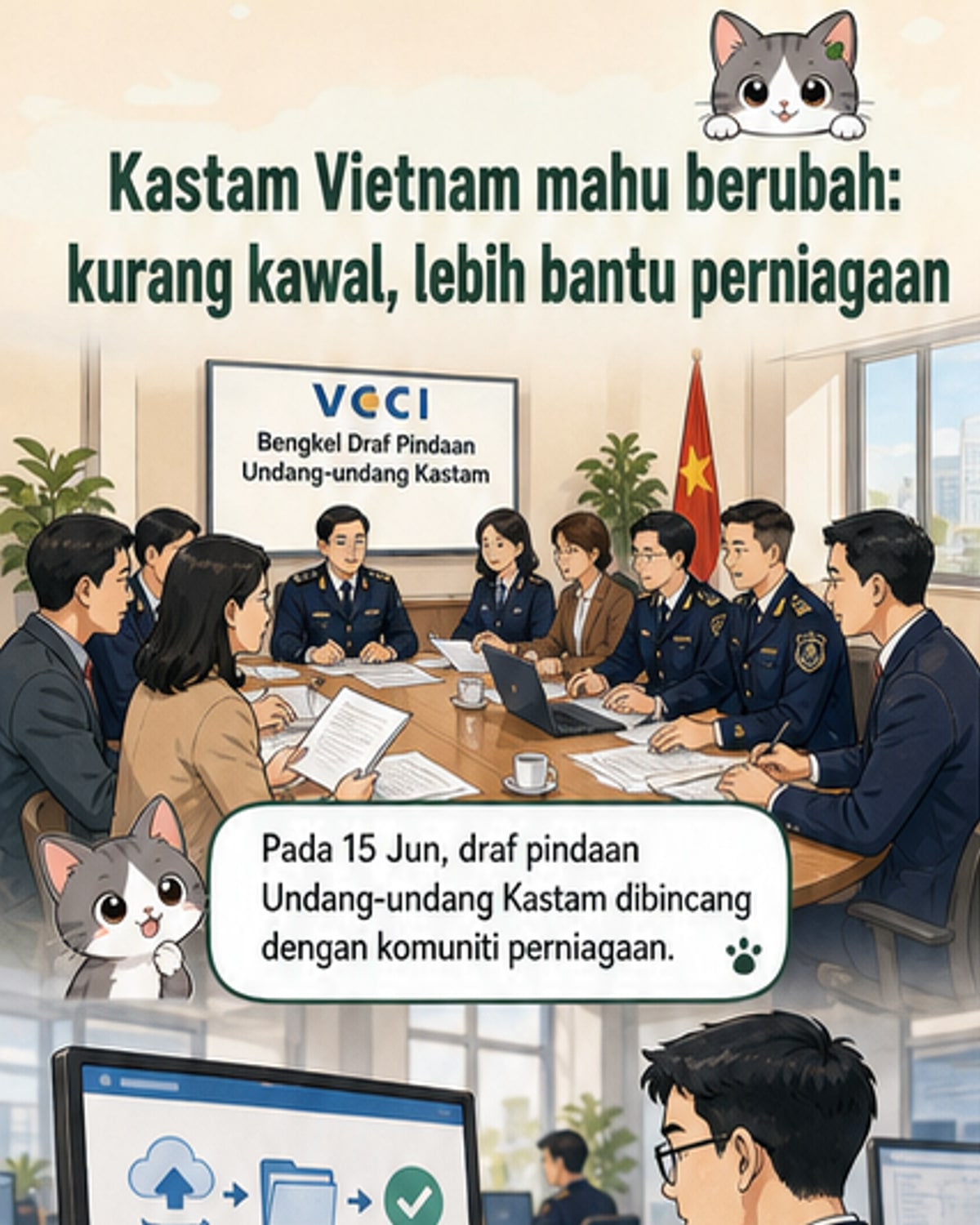 Ilustrasi alur proses kastam Vietnam yang berubah daripada dokumen kertas ke sistem digital, dengan ikon perubahan dari 'kawalan' ke 'perkhidmatan'.