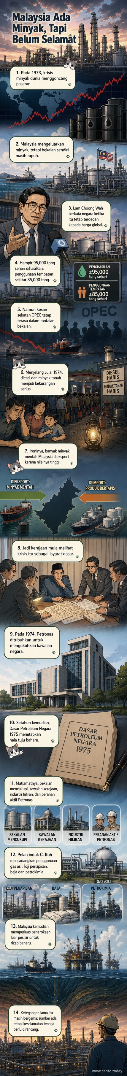 Latar belakang biru dengan logo Petronas dan teks '1975: Malaysia bentuk Petronas demi keselamatan tenaga'.