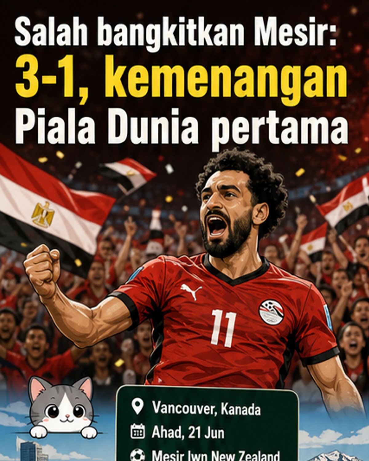 Mohamed Salah berlari merayakan gol sambil rakan sepasukan menyusul, latar belakang stadium penuh penonton dan bendera Mesir berkibar.