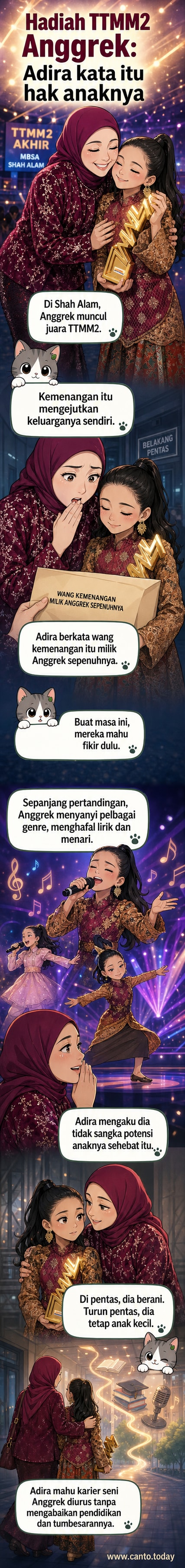 Anggrek tersenyum riang di atas pentas sambil memegang trofi kemenangan Talk To My Manager Musim Kedua, disaksikan ibunya Adira Suhaimi di latar belakang.