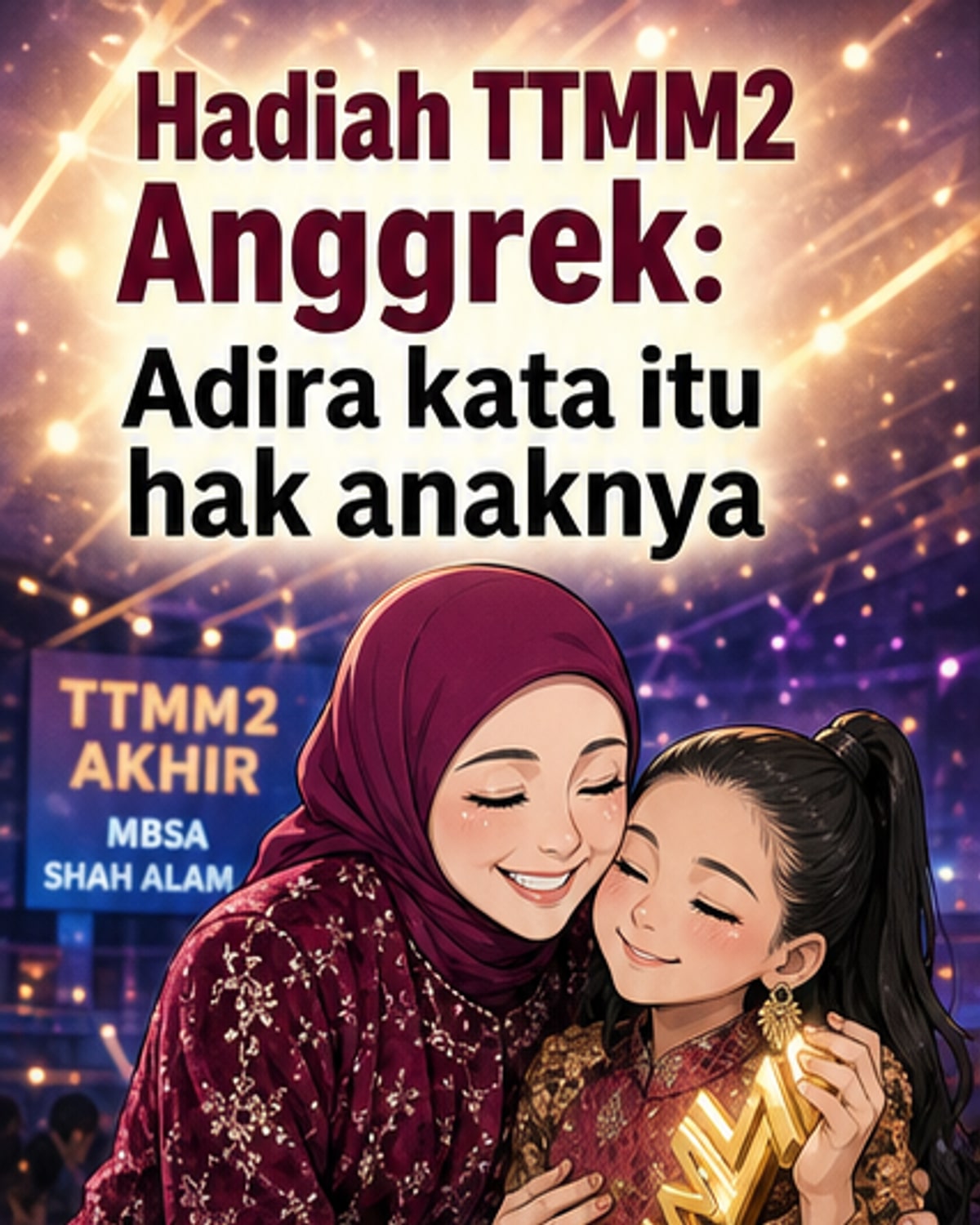Anggrek tersenyum riang di atas pentas sambil memegang trofi kemenangan Talk To My Manager Musim Kedua, disaksikan ibunya Adira Suhaimi di latar belakang.
