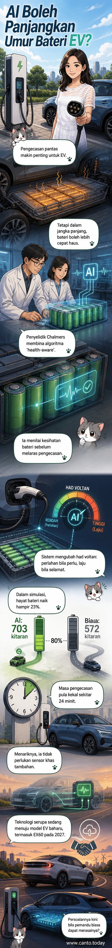 Seorang wanita menyambung pengecas EV di stesen pengecasan, dengan ilustrasi teknologi AI yang memantau kesihatan bateri secara dalam.
