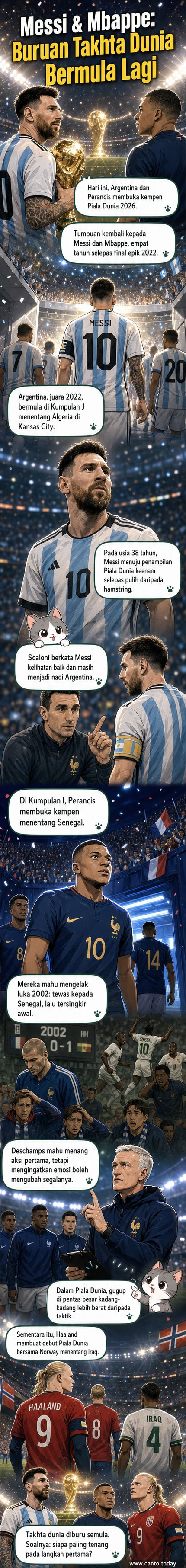 Lionel Messi dan Kylian Mbappe berdiri di tengah padang, bersedia untuk perlawanan Piala Dunia 2026, dengan latar belakang penonton ramai dan bendera Argentina dan Perancis berkibar.