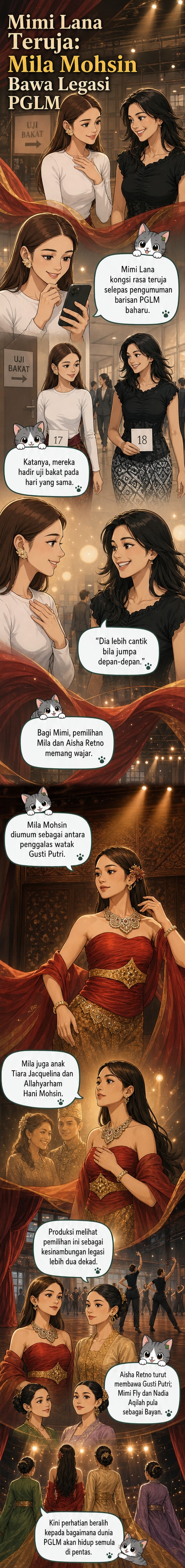 Mila Mohsin berdiri bersama rakan pelakon di sesi uji bakat Puteri Gunung Ledang The Musical, wajah penuh harapan dan warisan keluarga.