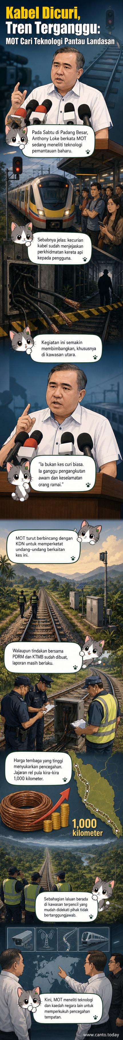 Ilustrasi kabel landasan kereta api yang dipantau oleh sistem teknologi pemantauan, dengan latar belakang landasan di kawasan terpencil.