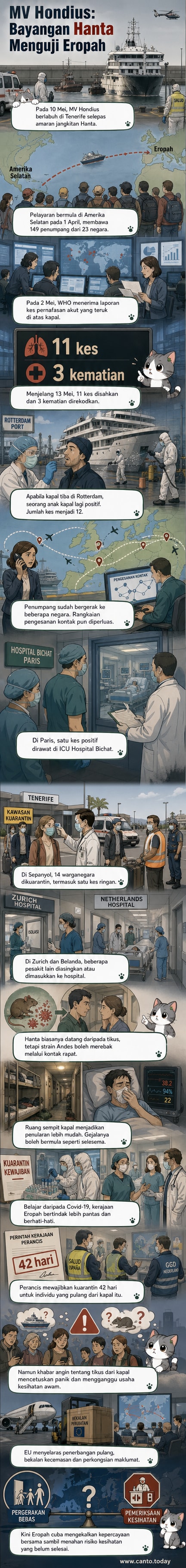 Ilustrasi kapal persiaran MV Hondius di pelabuhan dengan petugas kesihatan memakai pakaian perlindungan, latar belakang peta Eropah menunjukkan penyebaran kes virus Hanta.