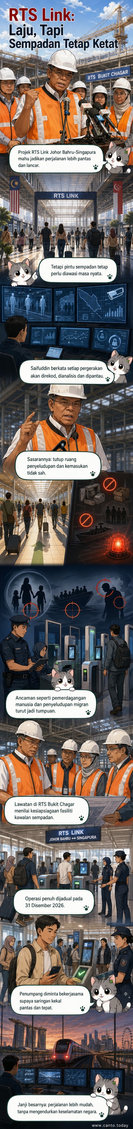 Ilustrasi stesen RTS Link dengan sistem pemantauan keselamatan masa nyata, menunjukkan aliran penumpang yang lancar dan pemeriksaan automatik di sempadan Johor Bahru-Singapura.
