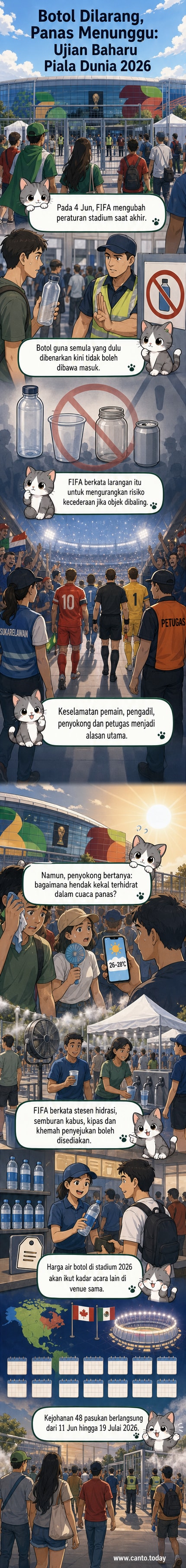 Ilustrasi stadium bola sepak dengan tanda larangan besar di atas botol air, menunjukkan larangan baru oleh FIFA untuk Piala Dunia 2026.