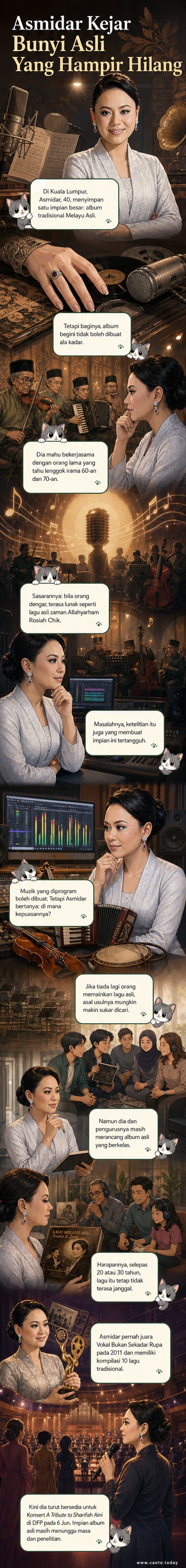 Gambar arkib Asmidar memegang mikrofon, latar belakang seni ukir Melayu klasik dengan notasi muzik terapung.