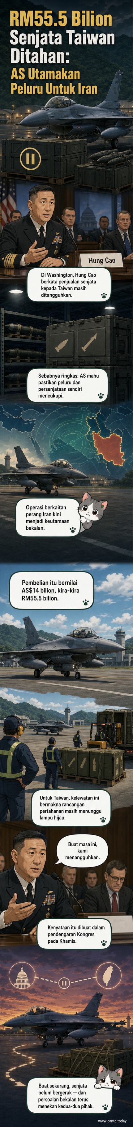 Pesawat pejuang F-16V di pangkalan tentera udara di Taiwan, dengan bendera AS dan Taiwan berkibar di latar belakang.