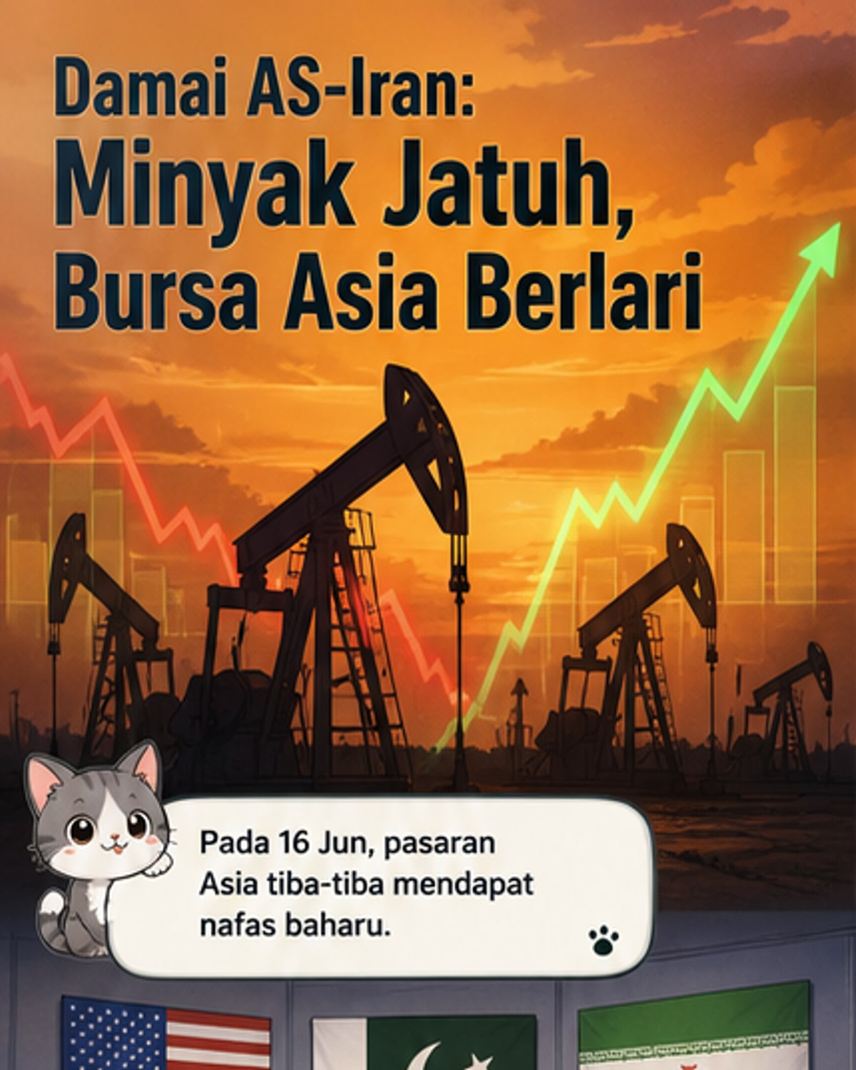 Grafik menunjukkan penurunan harga minyak mentah dan kenaikan mendadak indeks saham Asia selepas pengumuman gencatan senjata AS-Iran.