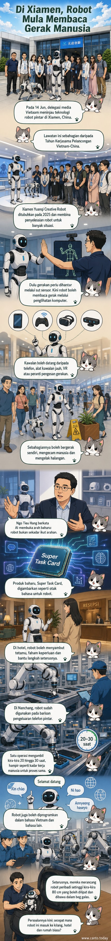 Gambar robot humanoid dan anjing robot berkaki empat di ruang pameran Xiamen Yuanqi Creative Robot Co., Ltd., dengan manusia berinteraksi secara langsung.