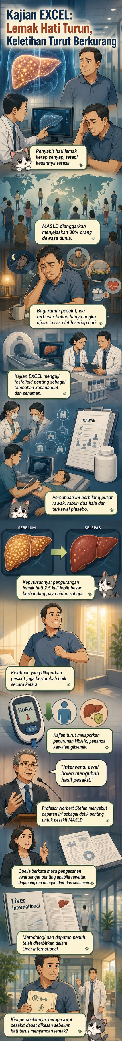 Ilustrasi hati manusia dengan perbandingan tahap lemak sebelum dan selepas rawatan fosfolipid penting, disertai ikon aktiviti sihat seperti makanan seimbang dan senaman.