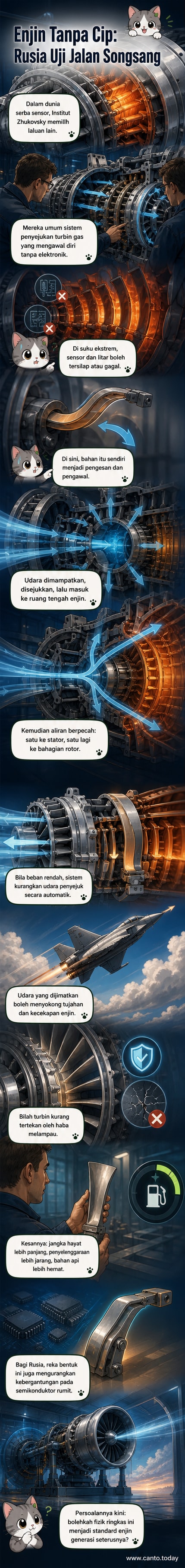 Ilustrasi enjin turbin gas dengan sistem penyejukan mekanikal yang menunjukkan aliran udara dan komponen bimetalik yang bertindak balas terhadap haba.