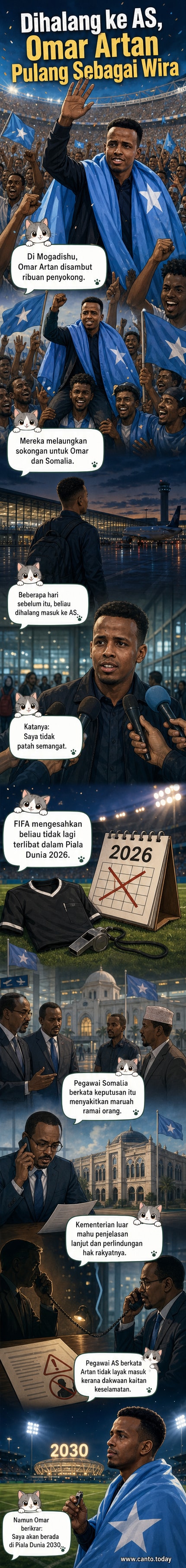 Seorang pengadil bola sepak Somalia disambut meriah oleh penyokong di stadium, diangkat ke atas bahu dengan bendera kebangsaan disarungkan di bahunya.