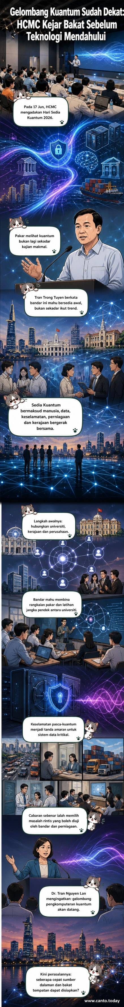 Ilustrasi panel penutup acara Hari Sedia Kuantum Bandar Raya Ho Chi Minh 2026 dengan para saintis dan pegawai kerajaan berbincang tentang masa depan teknologi kuantum.