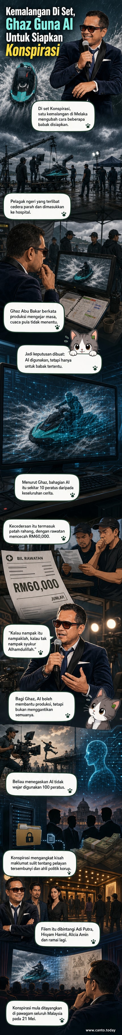 Poster filem 'Konspirasi' dengan latar belakang digital menunjukkan penggunaan AI dalam penggambaran selepas kemalangan pelagak ngeri.