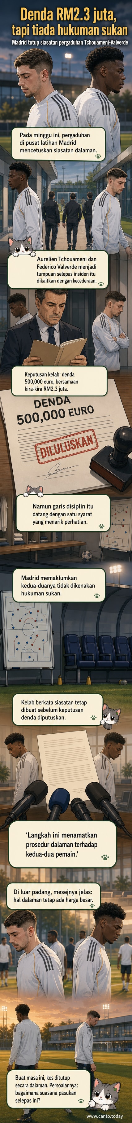 Dua pemain Real Madrid, Tchouameni dan Valverde, berdiri berasingan dengan ekspresi tegang di pusat latihan, menggambarkan ketegangan selepas pergaduhan.