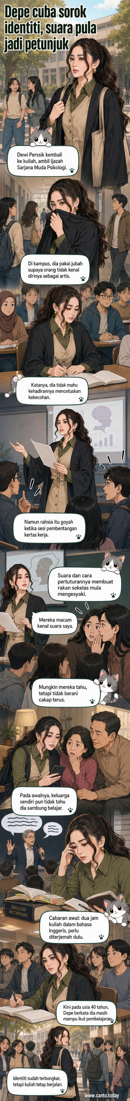 Ilustrasi Dewi Perssik memakai jubah menutupi wajahnya di dalam dewan kuliah, kelihatan rakan sekelas sedang mendengar pembentangannya.