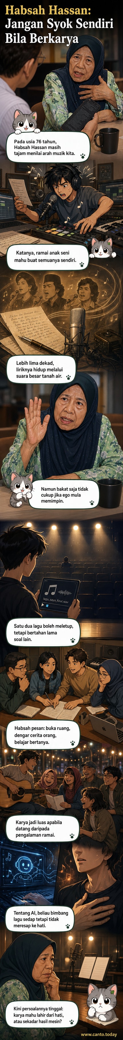 Gambar potret Datuk Habsah Hassan dengan latar belakang notasi muzik dan lirik lagu klasik Malaysia.