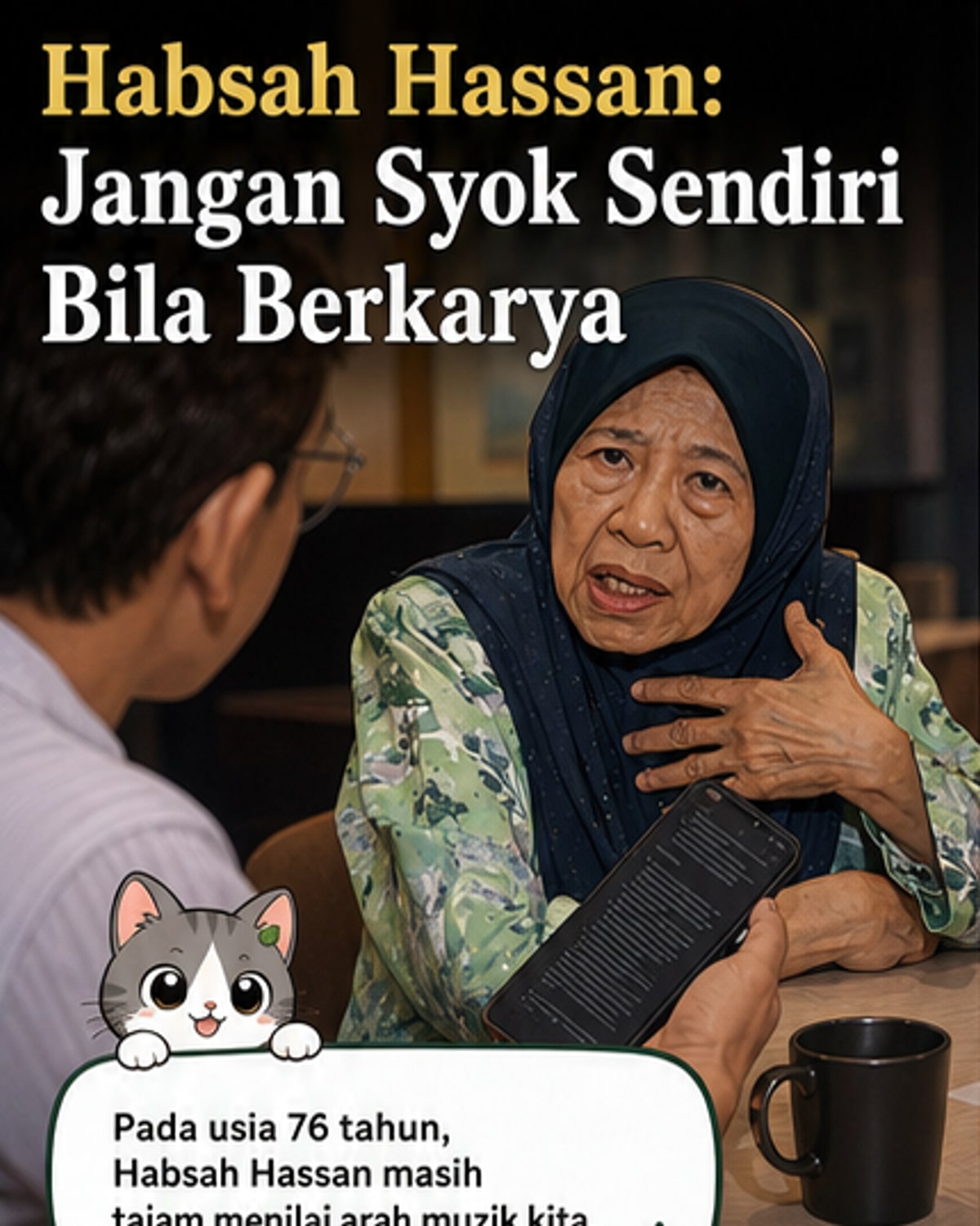 Gambar potret Datuk Habsah Hassan dengan latar belakang notasi muzik dan lirik lagu klasik Malaysia.