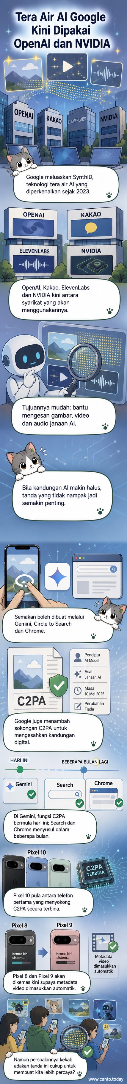 Ilustrasi teknologi watermark AI Google SynthID yang menandai kandungan digital seperti imej, video dan audio janaan mesin.