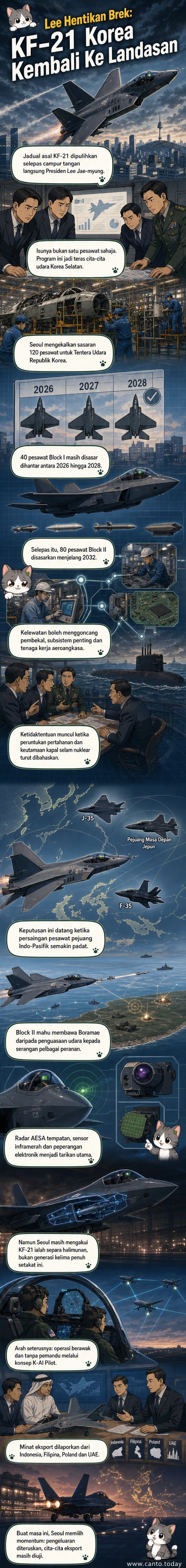 Ilustrasi pesawat pejuang KF-21 Boramae Korea Selatan terbang di langit Indo-Pasifik, dengan latar belakang industri aeroangkasa dan simbol ekspor global.