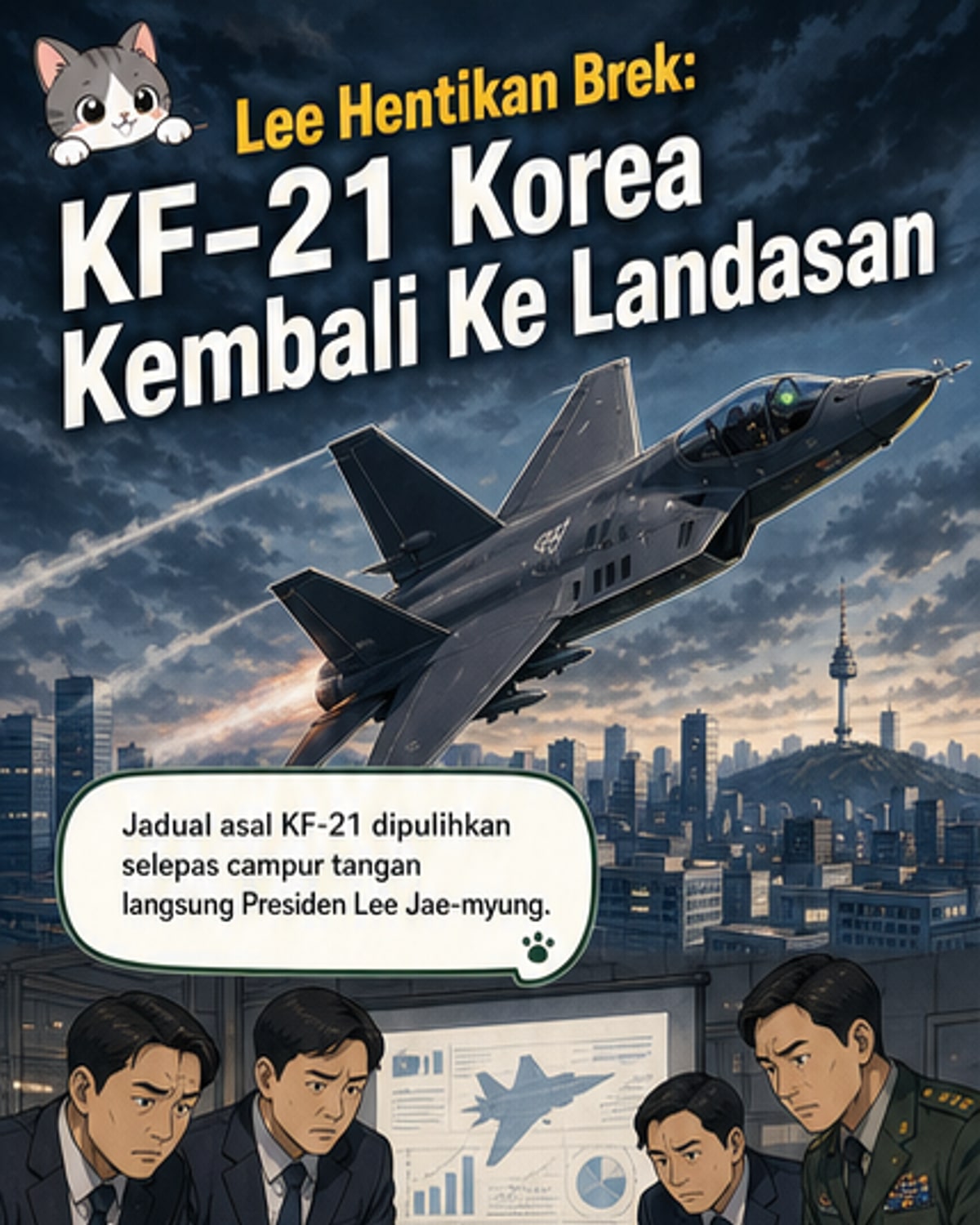 Ilustrasi pesawat pejuang KF-21 Boramae Korea Selatan terbang di langit Indo-Pasifik, dengan latar belakang industri aeroangkasa dan simbol ekspor global.