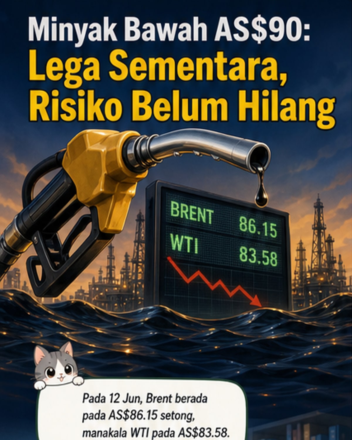 Grafik menunjukkan harga minyak mentah Brent dan WTI di bawah AS$90 setong, dengan latar belakang kapal tangki dan simbol ekonomi global.