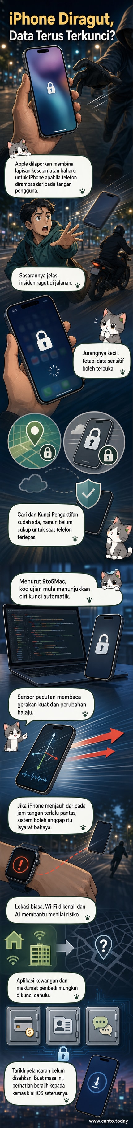 Ilustrasi iPhone yang mengunci secara automatik ketika seorang lelaki cuba merampasnya dari tangan pengguna, dengan ikon sensor dan peringatan keselamatan muncul di skrin.