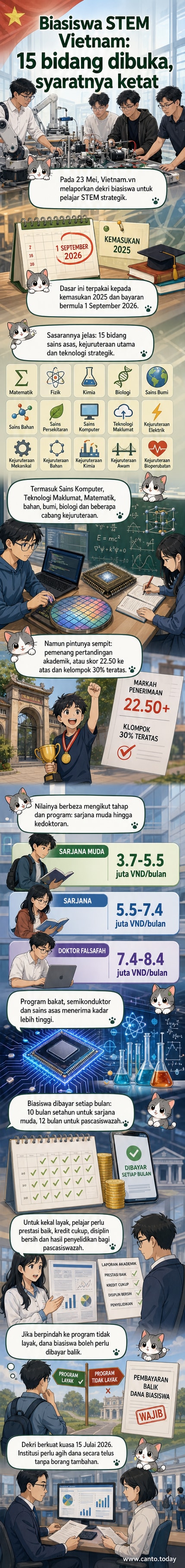 Ilustrasi pelajar Vietnam menerima biasiswa untuk pengajian dalam bidang kejuruteraan dan teknologi strategik, dengan senarai 15 bidang ditunjukkan di latar belakang.