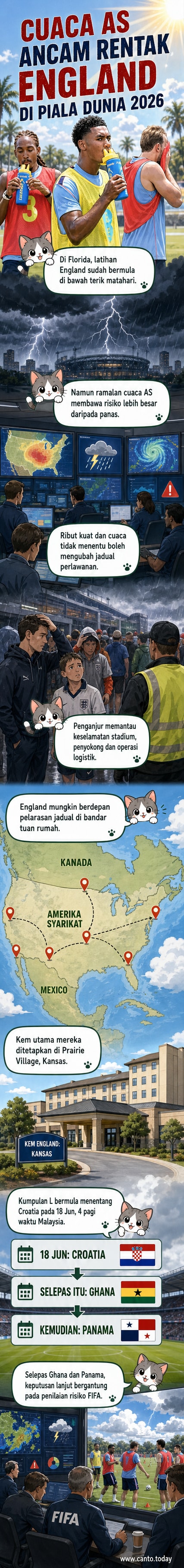 Pemain bola sepak England berlatih di bawah panas terik di padang luar di Florida, dengan langit biru dan bayang panjang menunjukkan waktu tengah hari.